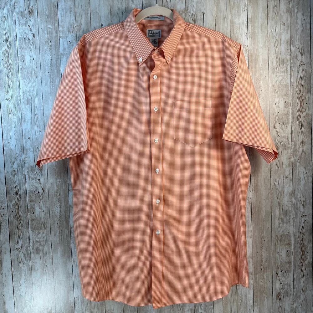 LL‎ Bean Button Up Shirt Mens L Orange Gingham Wrinkle Resistant Short Sleeve